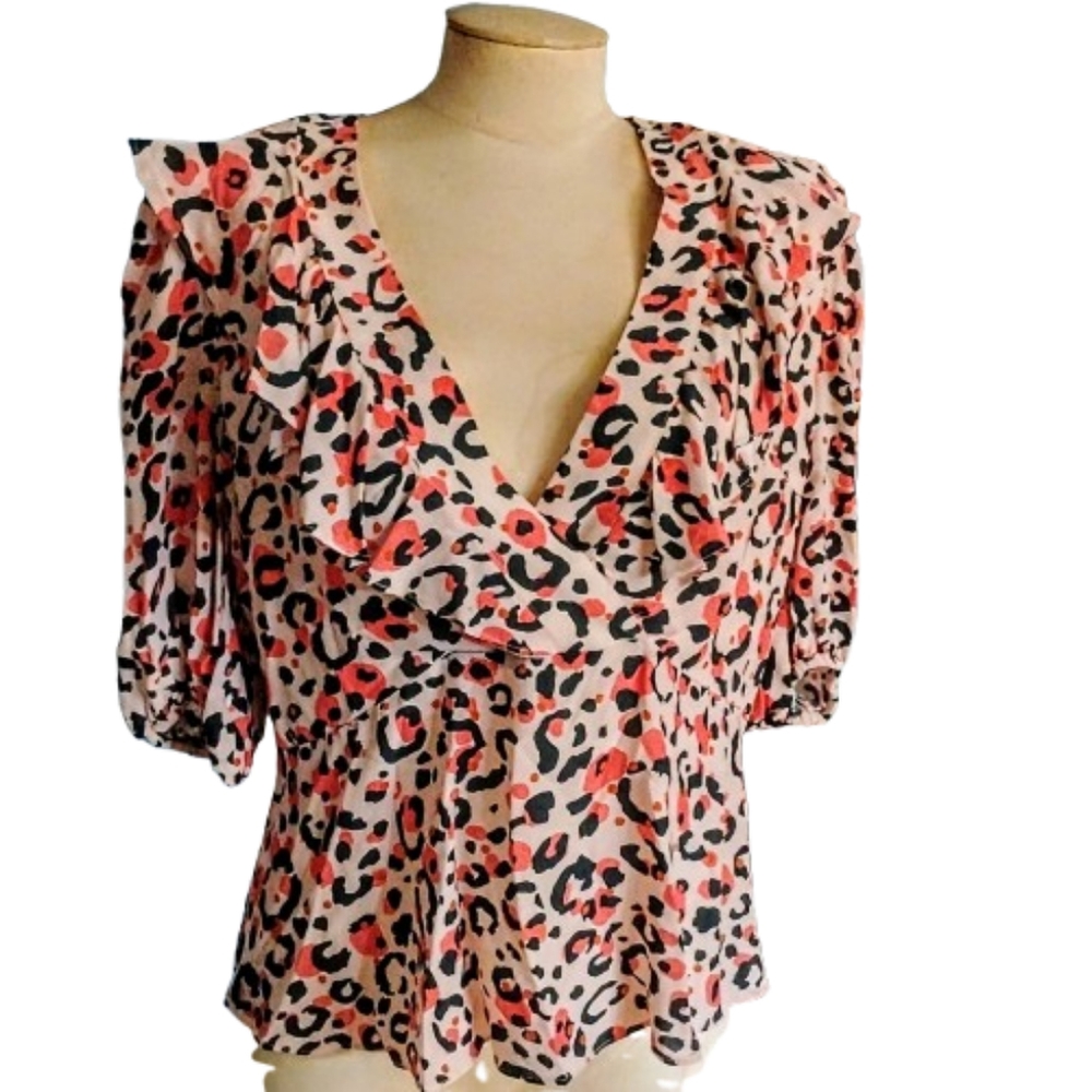 TED BAKER London Ruffled Surplice Blouse Size 2 Coral Black Leopard Print